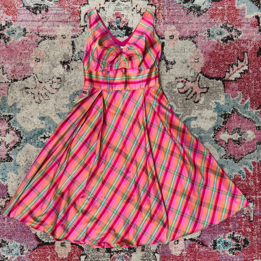 Coldwater Creek Vintage Pink Plaid Silk 60’s Style Sleeveless Dress Size 8